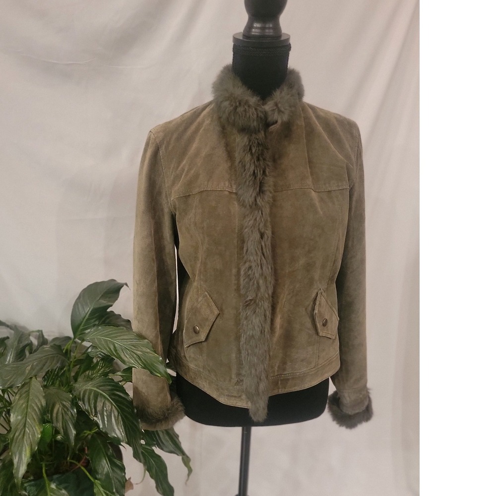 Revue Womens Brown Suede Leather Jacket Real Fur Trim Full Zip Size 6